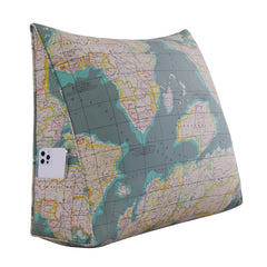Backrest Lounge Cushion with Pocket 100% Cotton—World Map Green