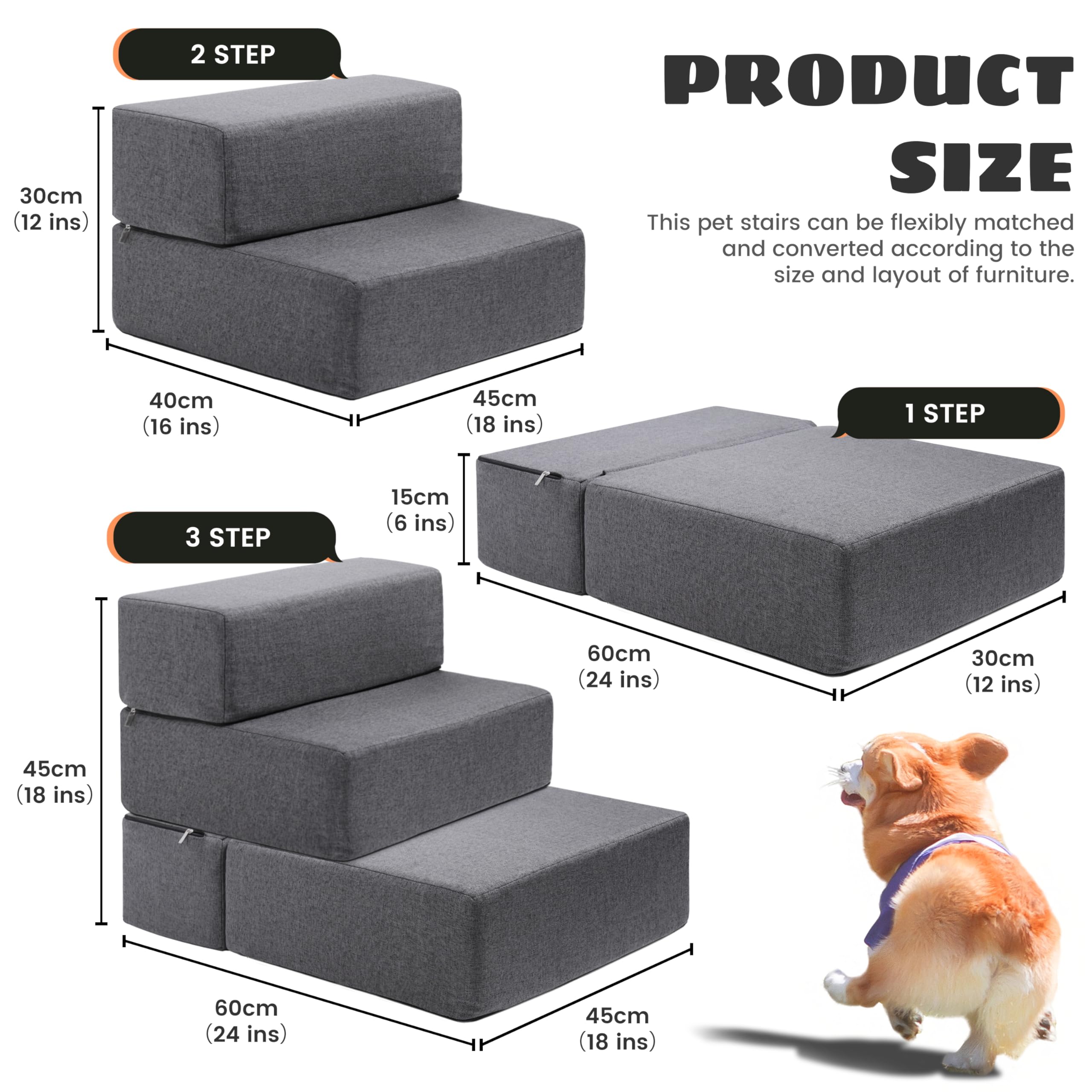 Foldable Dog Stairs with Non-Slip Bottom, Gray