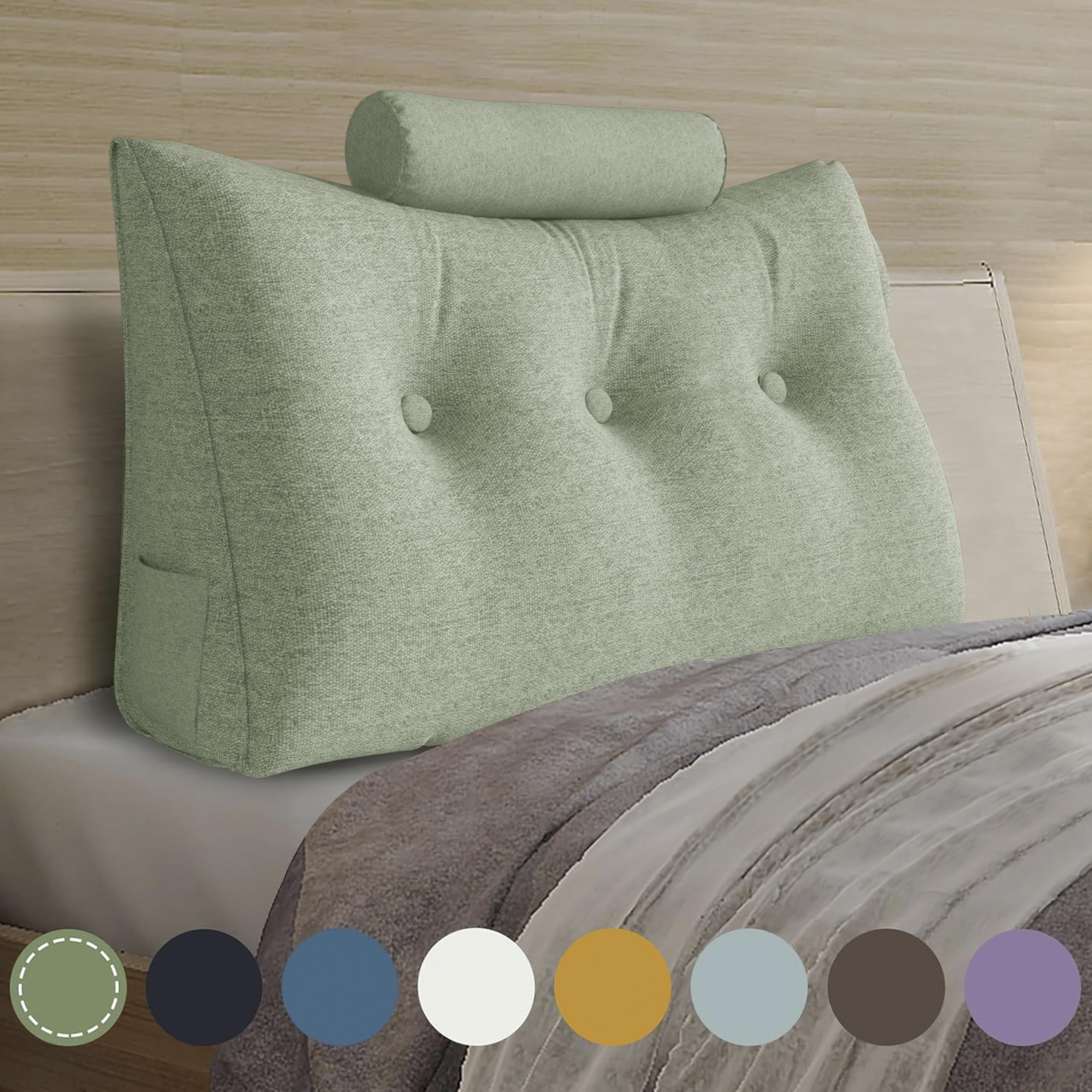 Wedge Pillow with Cylinder Neck Bolster Linen—Green