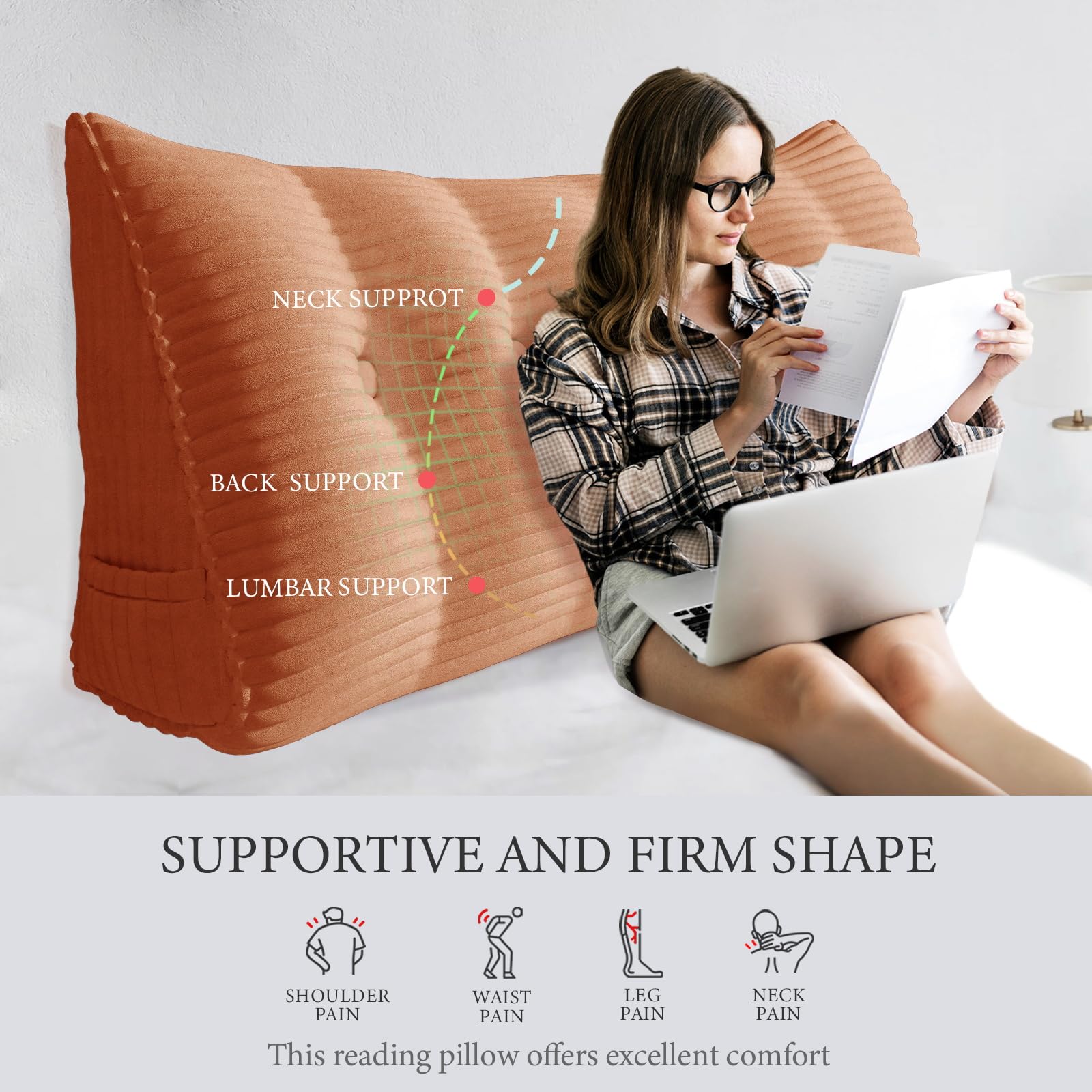 Wedge Pillow with Cylinder Neck Bolster —Peach