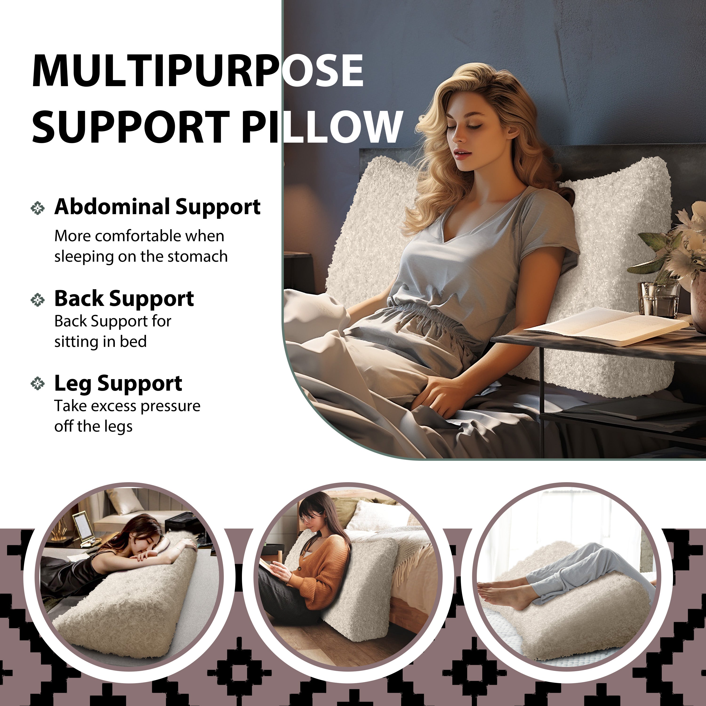 Large Triangular Lumbar Support Pillow No Button——White Plush