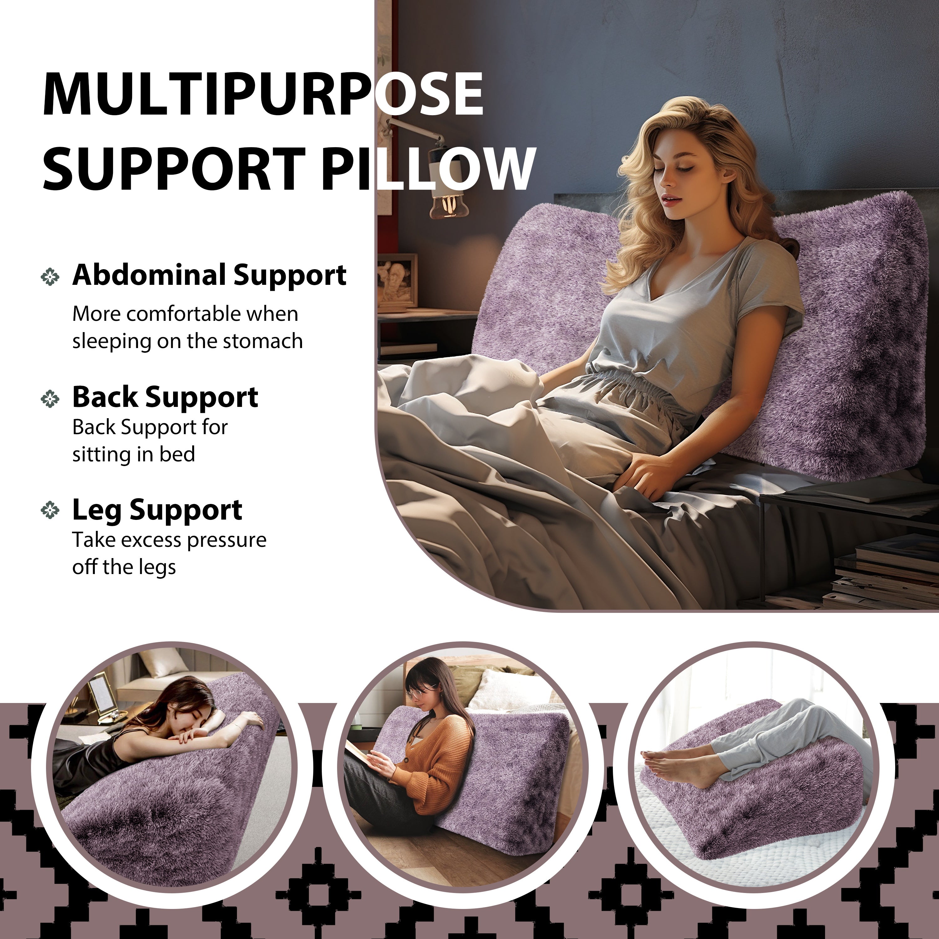 Large Triangular Lumbar Support Pillow No Button——Purple Plush